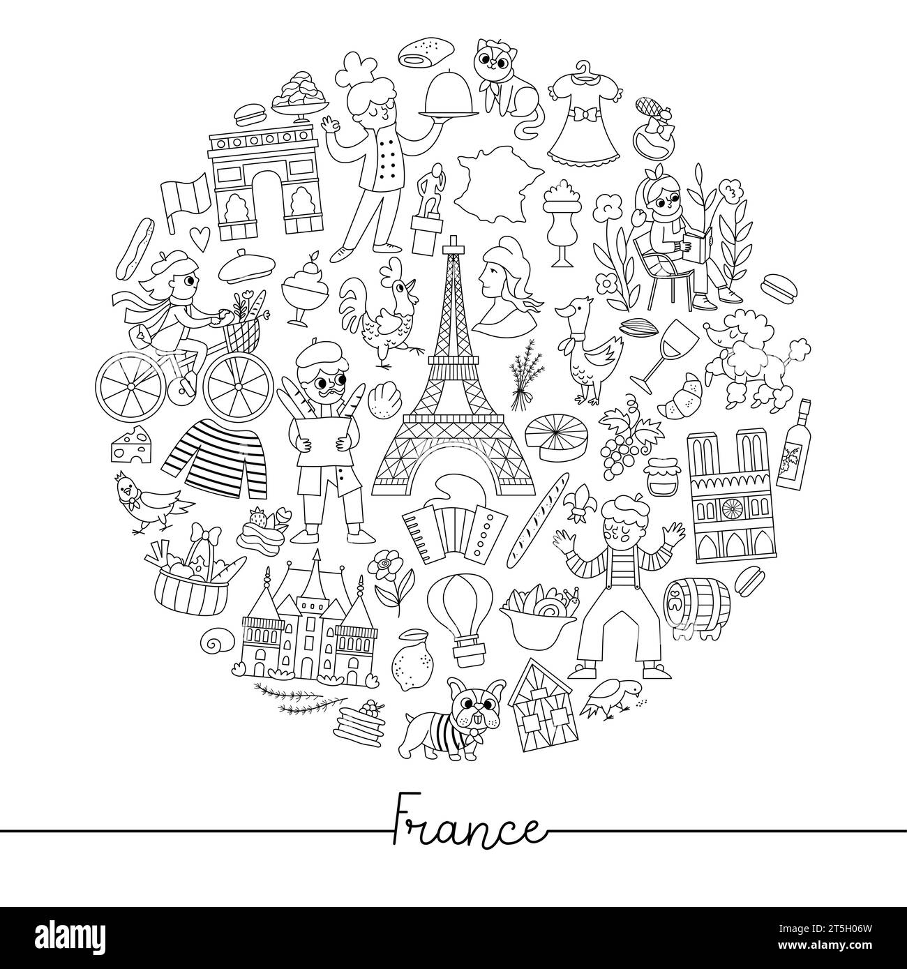 Vector cadre rond français noir et blanc avec personnes, animal, tour Eiffel, symbole traditionnel. Modèle de carte touristique France pour bannières, invitatio Illustration de Vecteur
