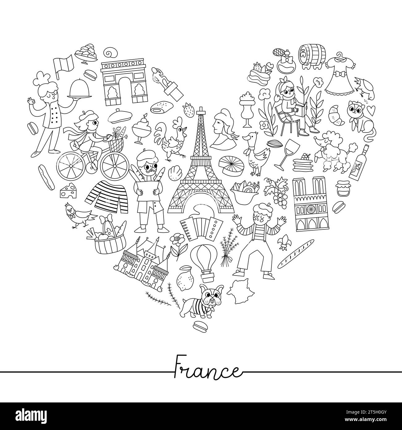 Vecteur noir et blanc cadre en forme de coeur français avec des gens, des animaux, la tour Eiffel, des symboles traditionnels. Conception de modèle de carte de France touristique. Mignon Illustration de Vecteur