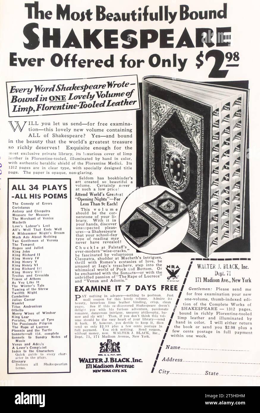 Édition Shakespeare de 1934 magnifiquement relié par Walter J Black annonce Banque D'Images