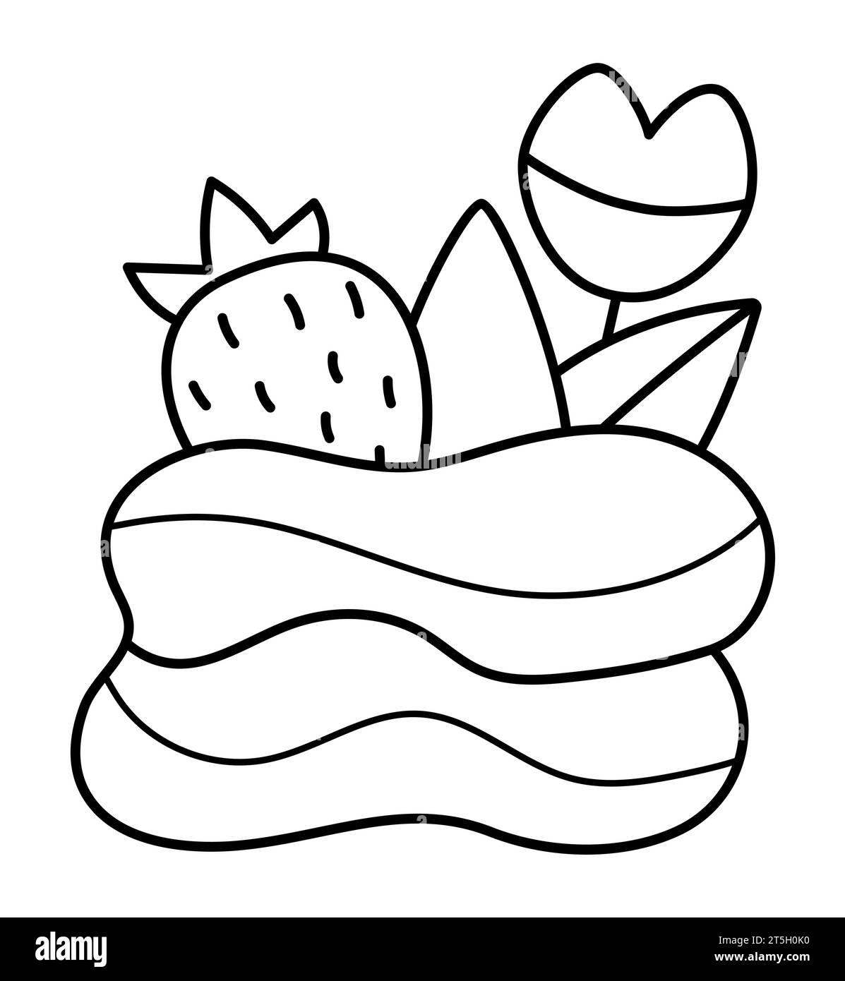 Merengue avec fraise et lèvres icône de ligne supérieure. Illustration en noir et blanc de vecteur de dessert français ou page à colorier. Photo de gâteau Illustration de Vecteur