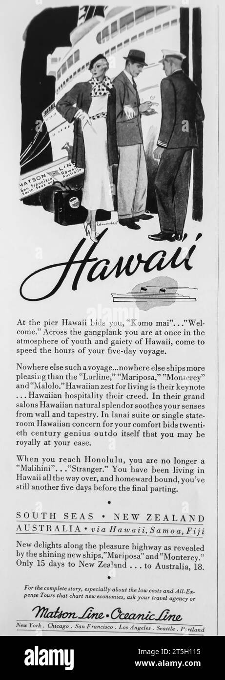 1934 Matson Line, Oceanic Line Hawaii annonce de voyage Banque D'Images