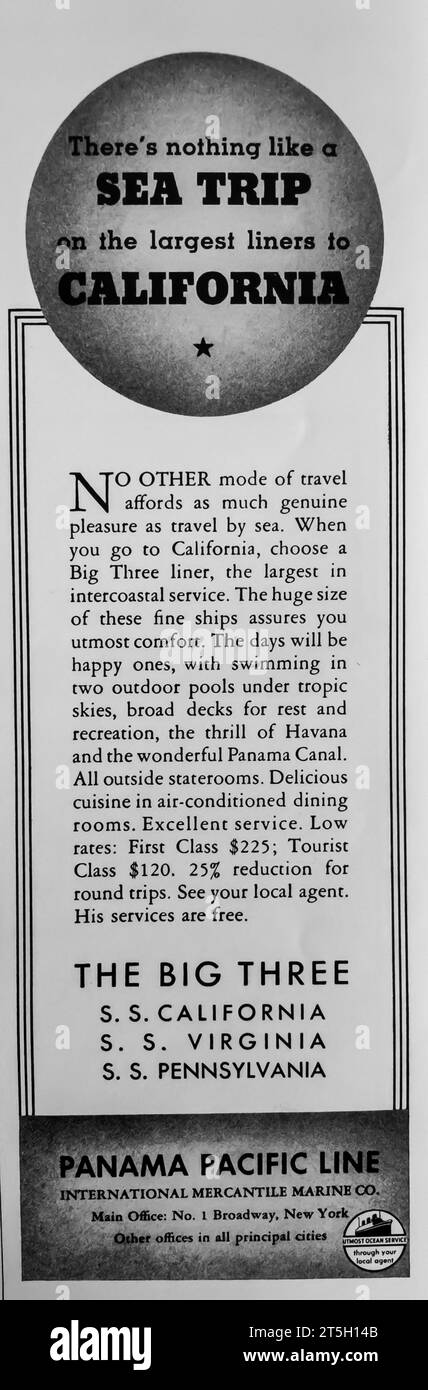 1934 Panama Pacific Line Sea Trip sur les plus grands paquebots en Californie AS Banque D'Images