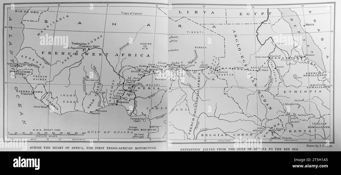 Carte de 1934 montrant la première expédition moto transafricaine de Guinée à la mer Rouge. National Geographic janvier 1934 Banque D'Images