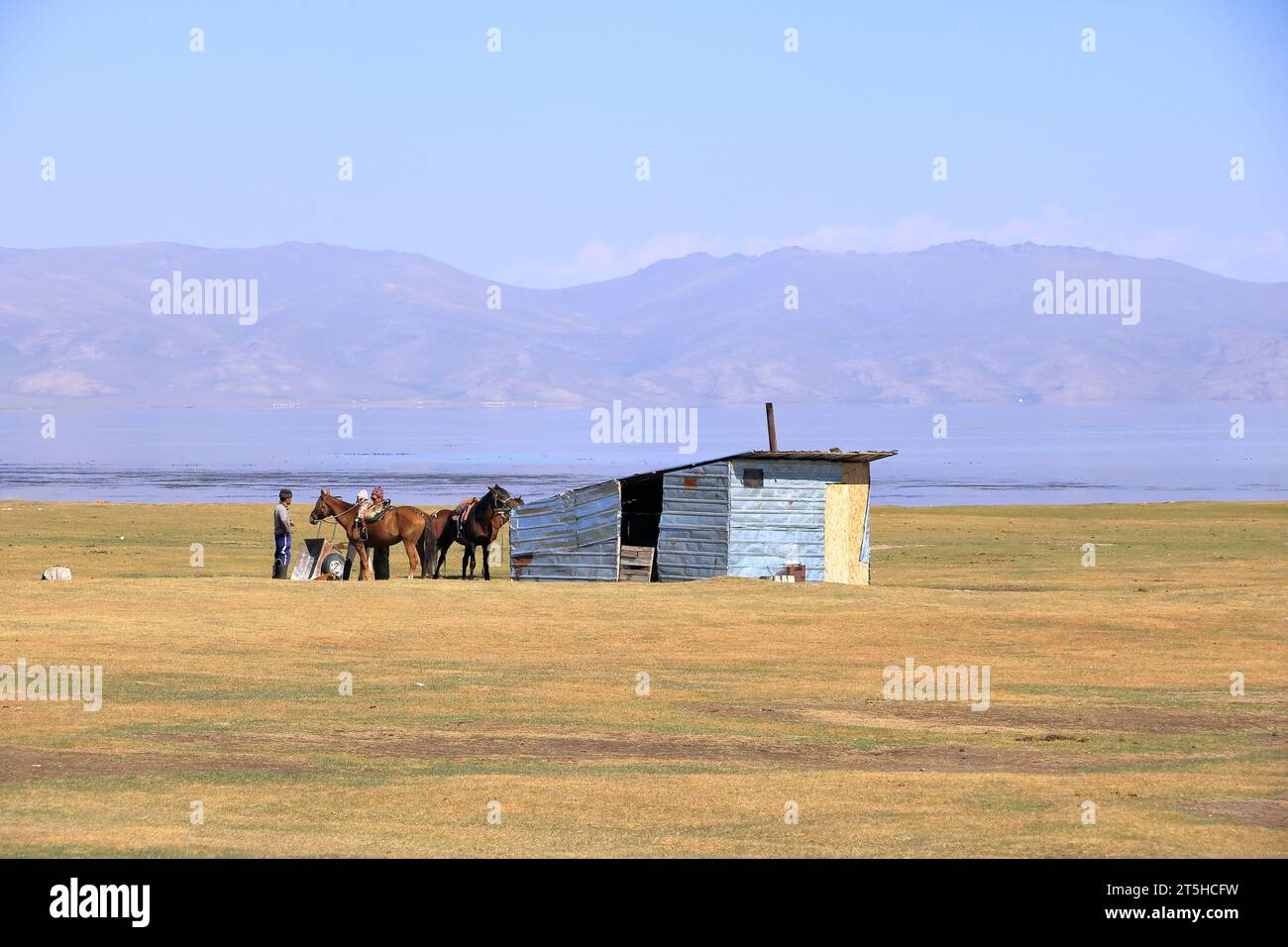 Août 23 2023 - lac Song kol au Kirghizistan : les nomades vivent leur vie ordinaire sur les pâturages d'été Banque D'Images