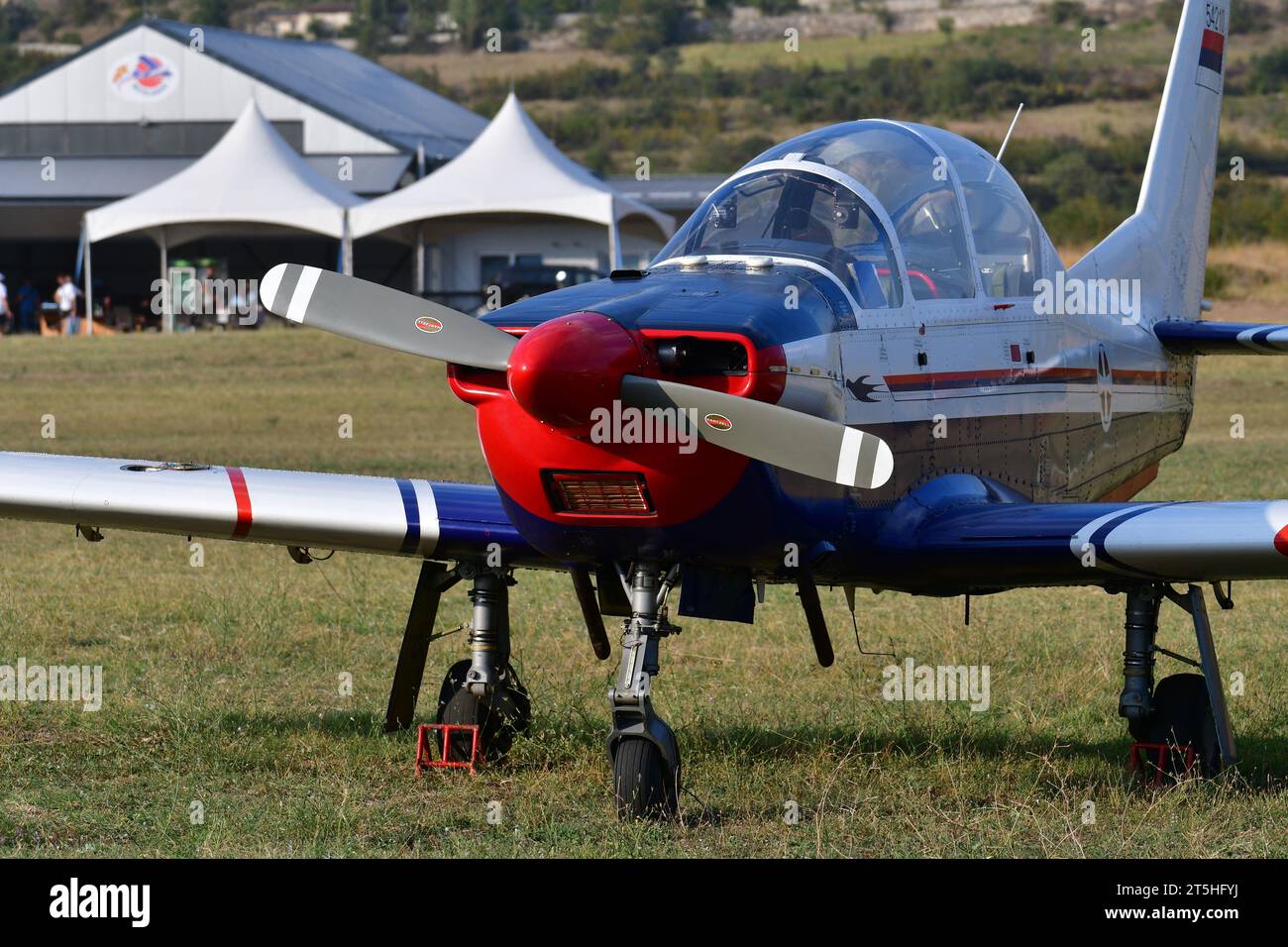 16 septembre 2023, Skopje, Macédoine, aéroport sportif de Stenkovec. Les avions d'entraînement de l'armée de l'air serbe, Utva, Lasta Banque D'Images