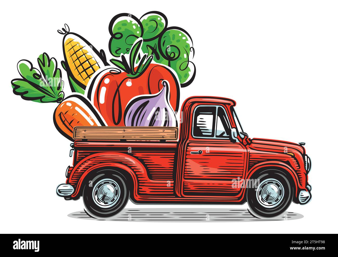 Camion rouge rétro avec des légumes biologiques frais. Livraison d'aliments sains naturels de la ferme. Illustration vectorielle Illustration de Vecteur