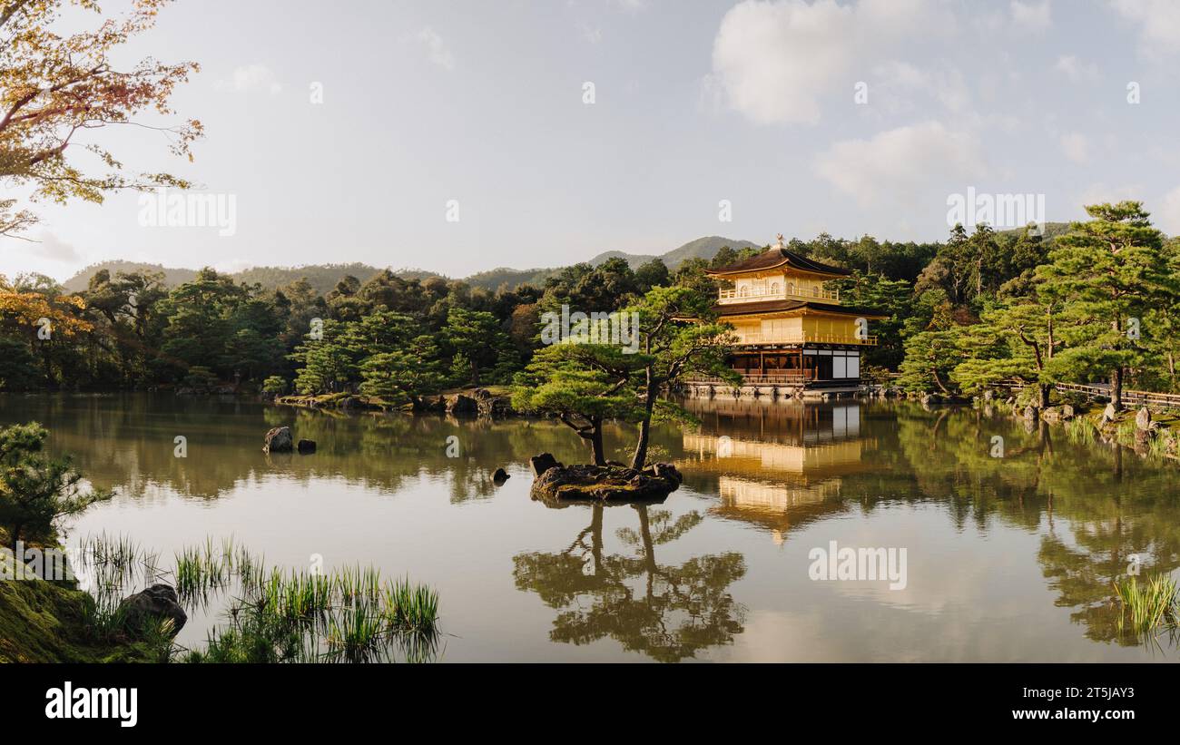 Temple Kinkaku-ji avec façade en feuilles d'or devant un étang réfléchissant. Kyoto, Japon. Banque D'Images