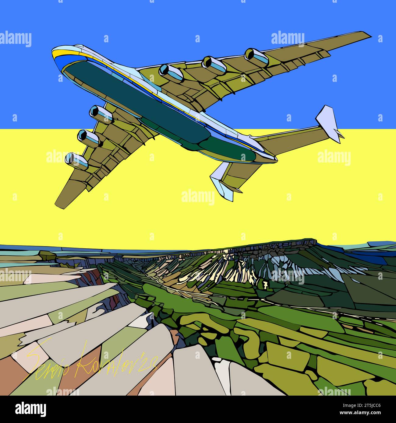 Crimée, Ukraine. Vue dans la ville de Crimée avec l'avion dans le ciel. Architecture ukrainienne, avion cargo, graphique vectoriel, illustration créée par l'artiste. Banque D'Images