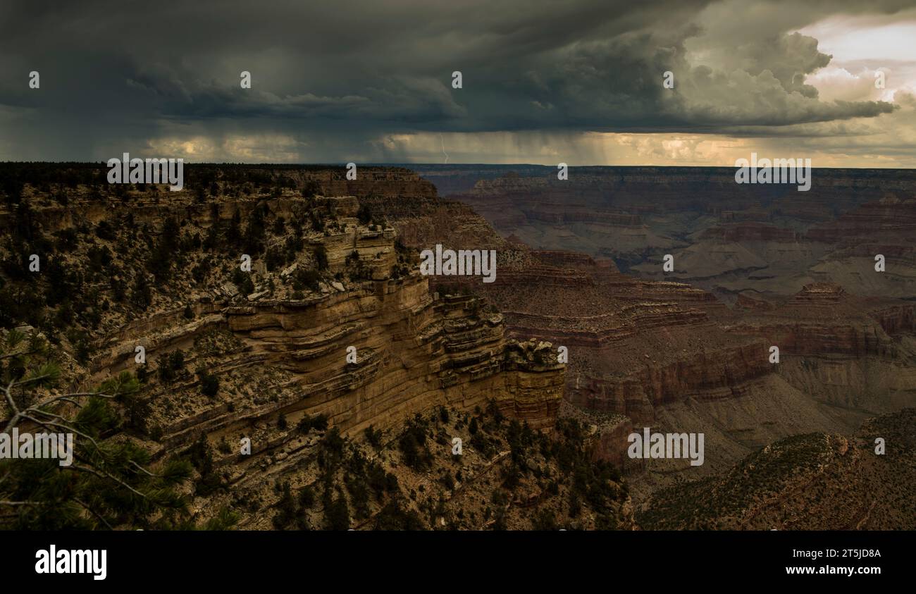 Tempêtes de mousson, avec averse lointaine, ruissellement et barattage le ciel du désert du soir au-dessus du Grand Canyon. Banque D'Images