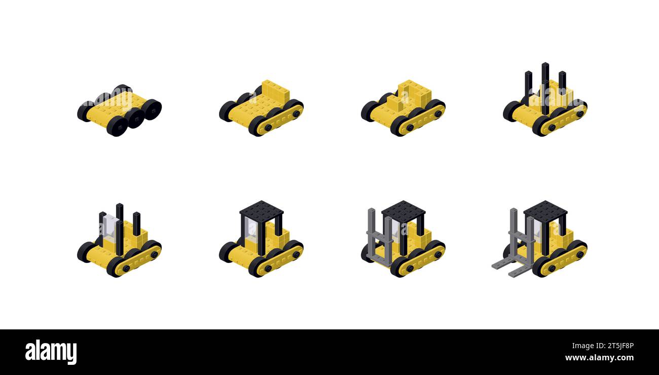 Construction étape par étape d'un chariot élévateur à fourche à partir de blocs. Vecteur Illustration de Vecteur
