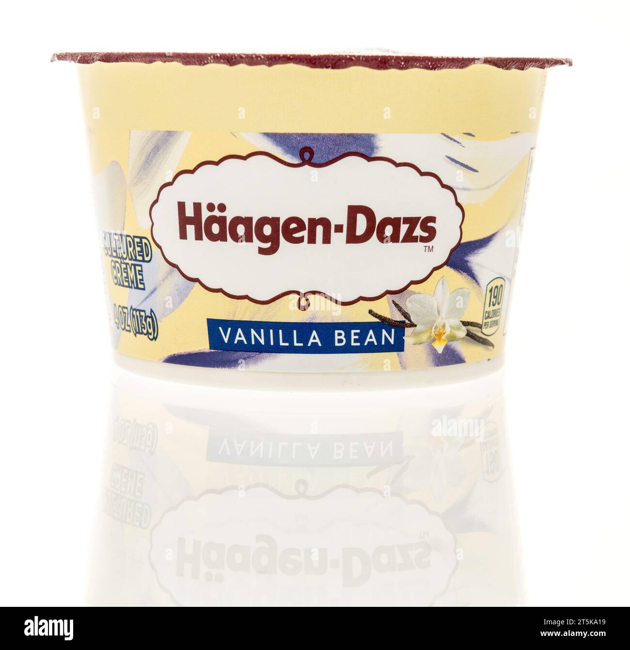 Winneconne, WI - 5 octobre 2023 : un paquet de yaourt Haagen Dazs à la saveur de gousse de vanille sur fond isolé Banque D'Images