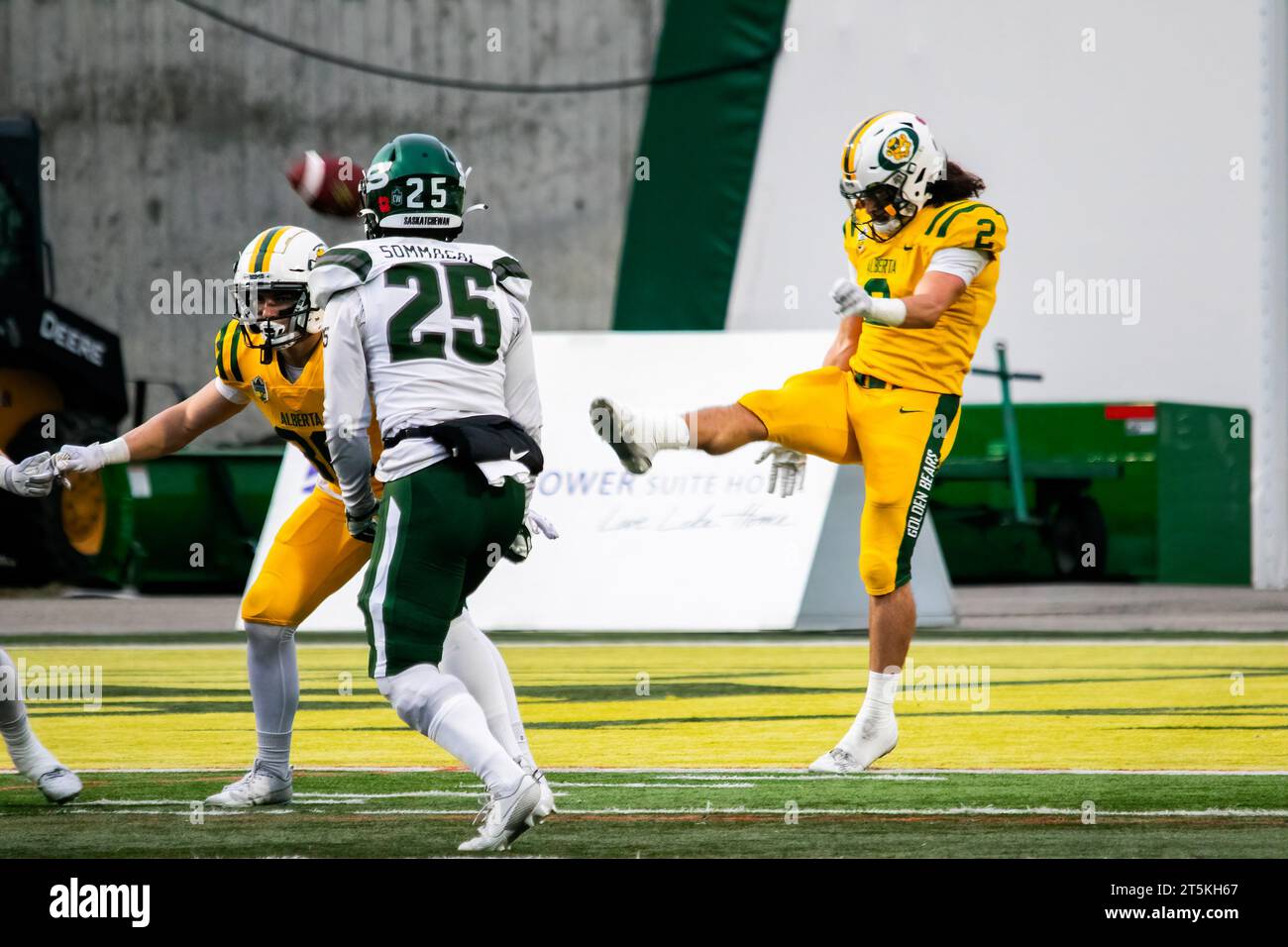 Edmonton, Canada. 04 novembre 2023. (2) Jonathan Giustini, de l'Université de l'Alberta, joue le ballon lors de la demi-finale de Canwest contre les Huskies de l'Université de la Saskatchewan. Université de l'Alberta Golden Bears 40:17 Université de la Saskatchewan Huskies (photo Ron Palmer/SOPA Images/Sipa USA) crédit : SIPA USA/Alamy Live News Banque D'Images