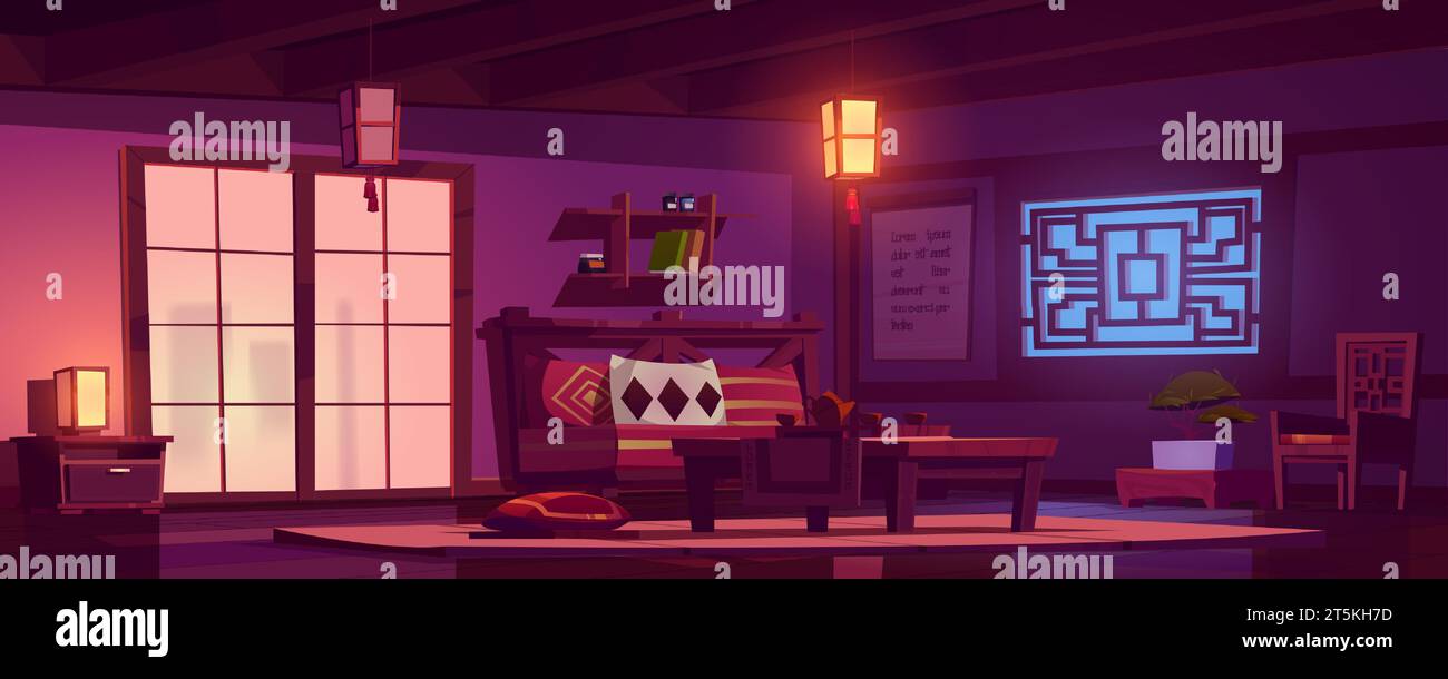 Salle design de style chinois en soirée avec table pour la cérémonie du thé sous la lumière des lanternes, porte et fenêtre, canapé et décorations traditionnelles. Illustration vectorielle de dessin animé de l'intérieur de la maison ou du café. Illustration de Vecteur