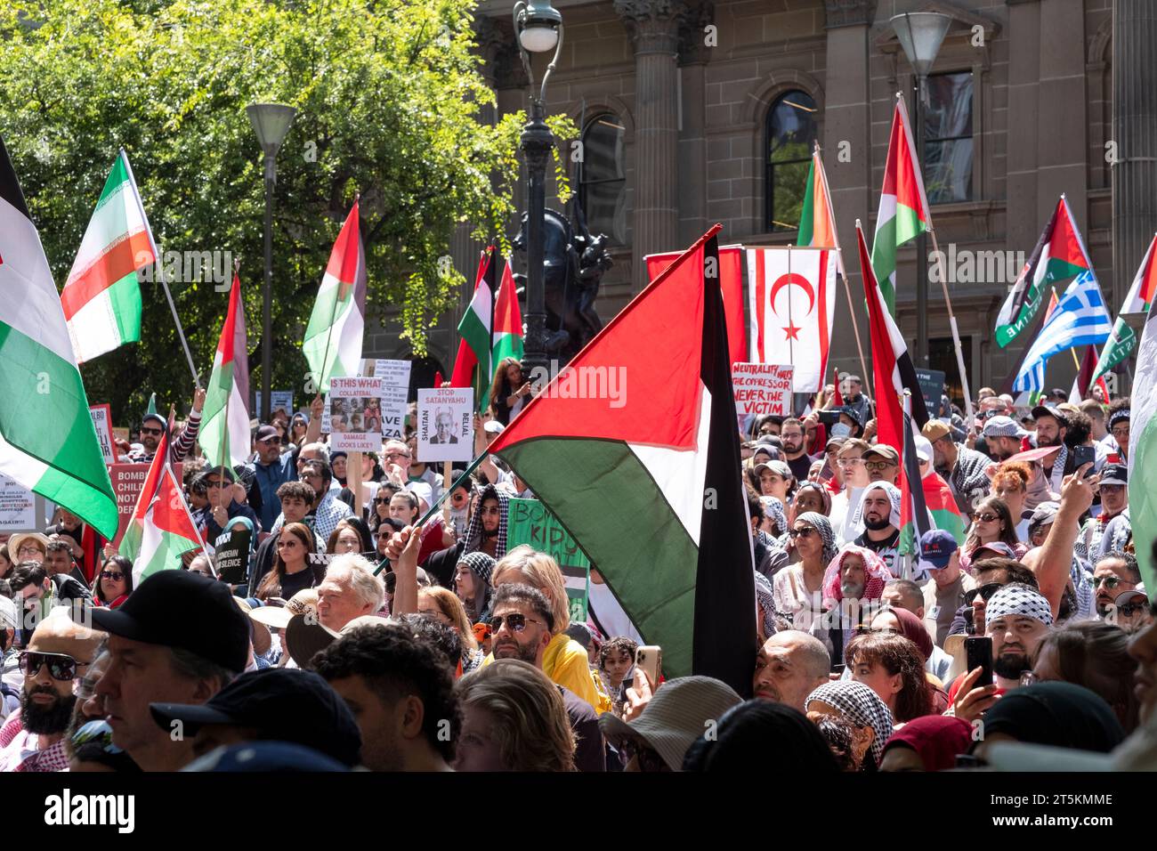 Un rassemblement pro-palestinien devant la Bibliothèque d'État de Melbourne. Victoria, Australie Banque D'Images