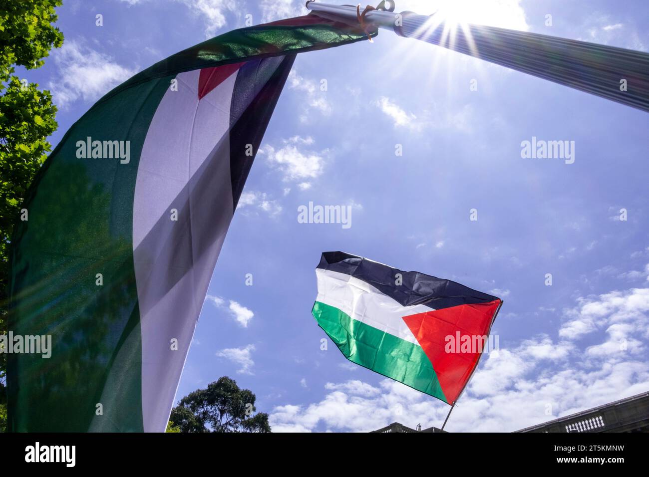 Drapeaux palestiniens lors d'un rassemblement pro-palestinien à Melbourne, Victoria, Australie Banque D'Images