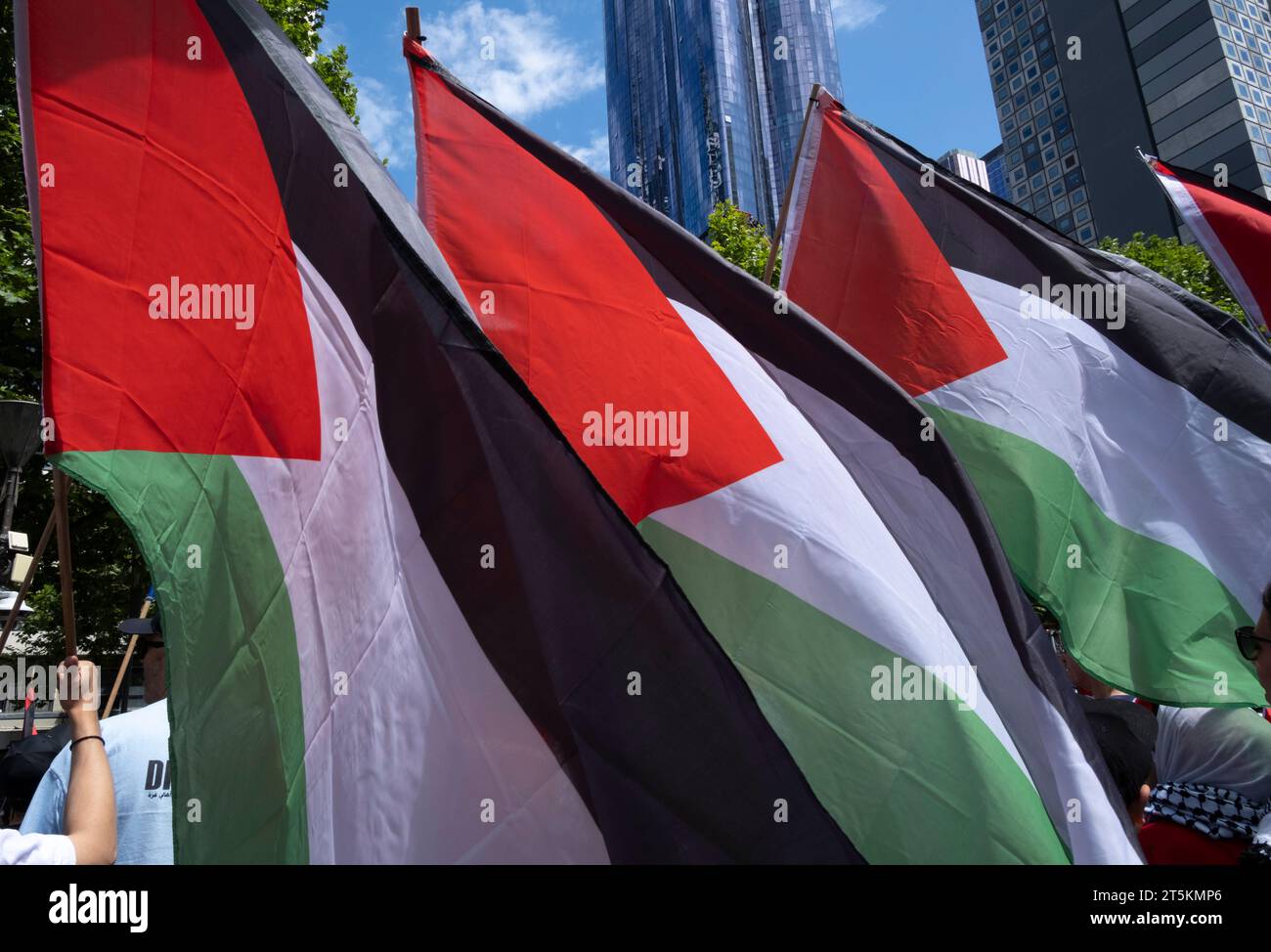 Drapeaux palestiniens lors d'un rassemblement pro-palestinien à Melbourne, Victoria, Australie Banque D'Images
