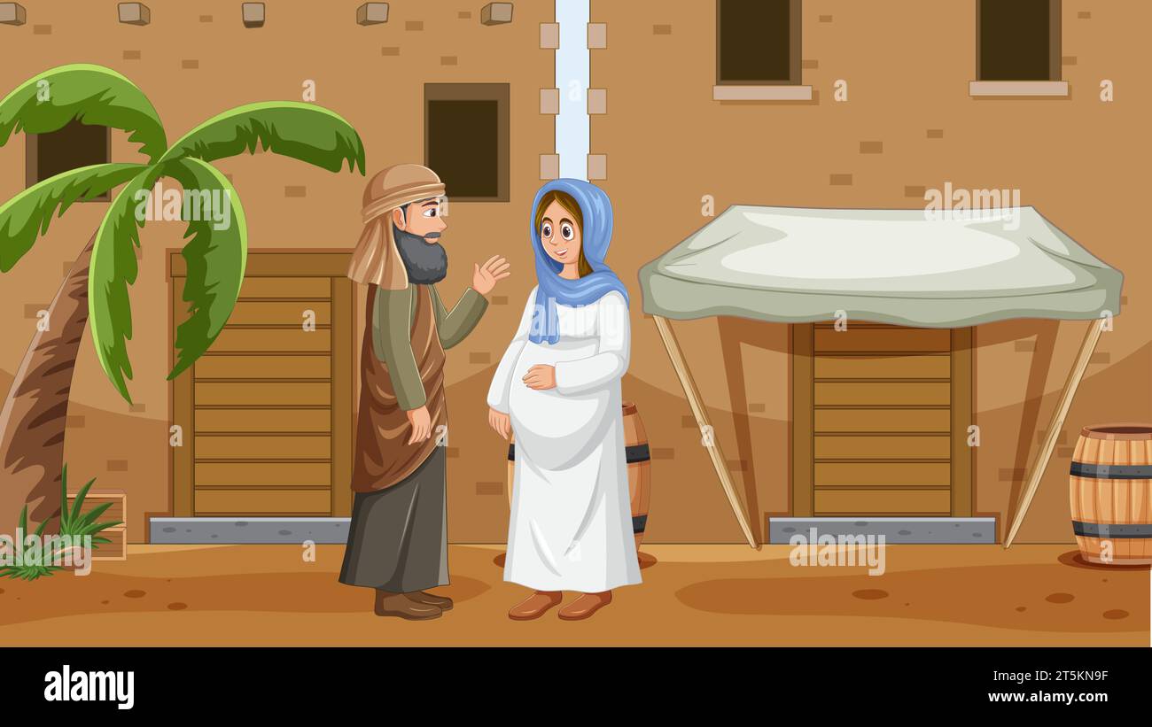 Vierge Marie, Joseph, et l'histoire de la Nativité représentée dans une illustration de dessin animé Illustration de Vecteur