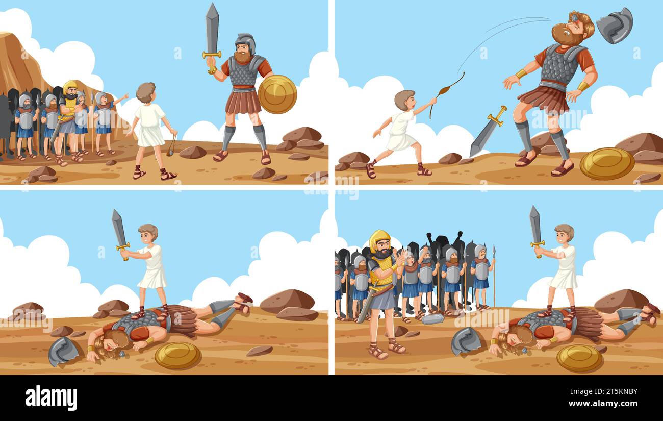David bat Goliath en utilisant une pierre et une épée Illustration de Vecteur