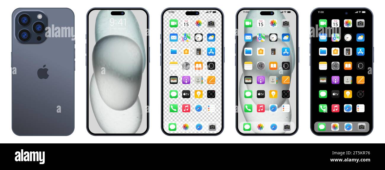 Nouveau iPhone 15 pro noir, gris. Apple inc. Smartphone avec ios 15. Écran verrouillé, page de navigation du téléphone, page d'accueil avec 47 applications populaires. Backgrou noir Illustration de Vecteur
