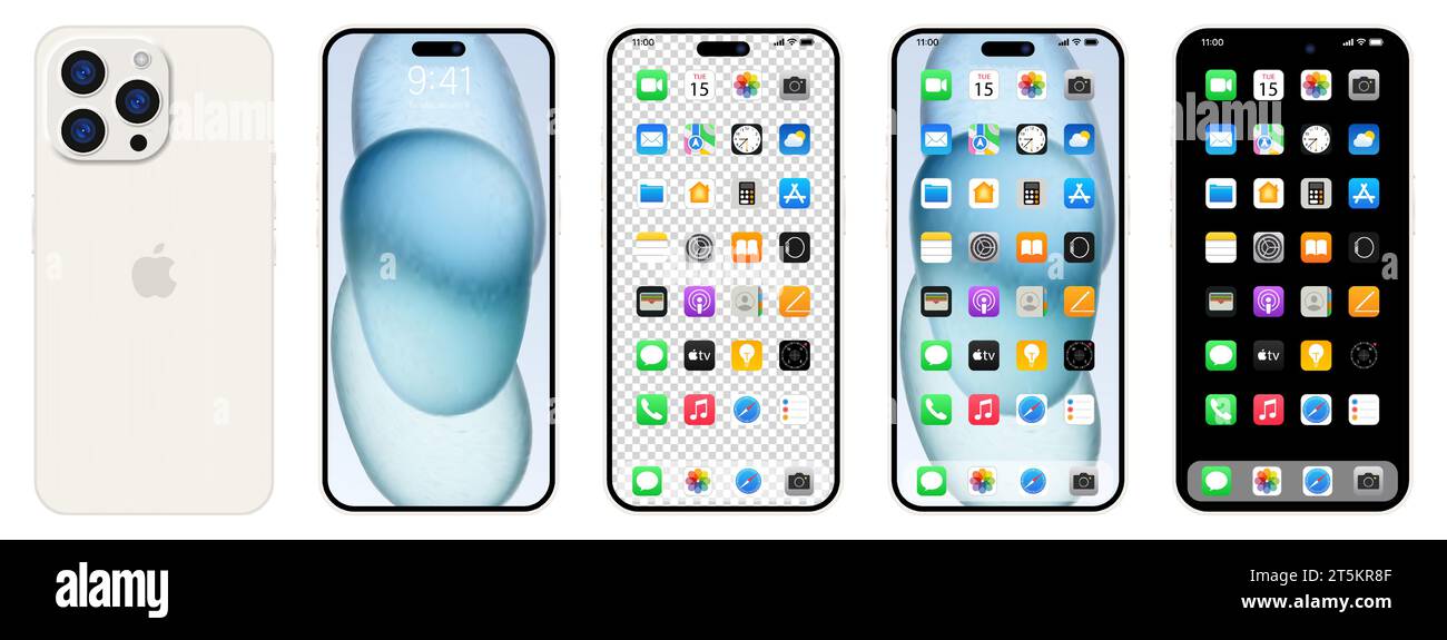 Nouvel iPhone 15 pro blanc. Apple inc. Smartphone avec ios 15. Écran verrouillé, page de navigation du téléphone, page d'accueil avec 47 applications populaires. Fond noir. Ed Illustration de Vecteur