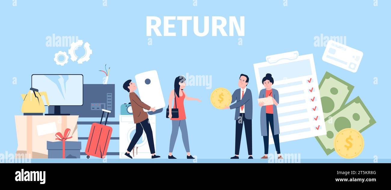 Retour des marchandises en boutique. Les clients avec des techniques cassées et endommagées veulent un échange ou un remboursement. Service clients en magasin, concept plat vecteur récent Illustration de Vecteur