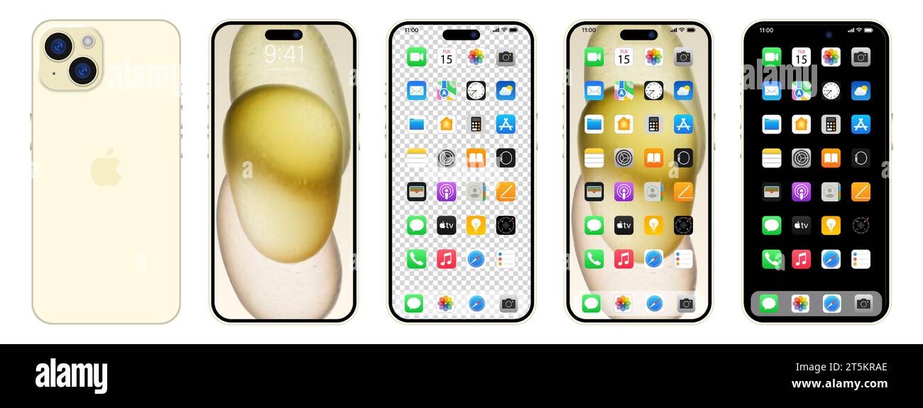 Nouvel iPhone 15 doré. Apple inc. Smartphone avec ios 15. Écran verrouillé, page de navigation du téléphone, page d'accueil avec 47 applications populaires. Fond noir. Editori Illustration de Vecteur