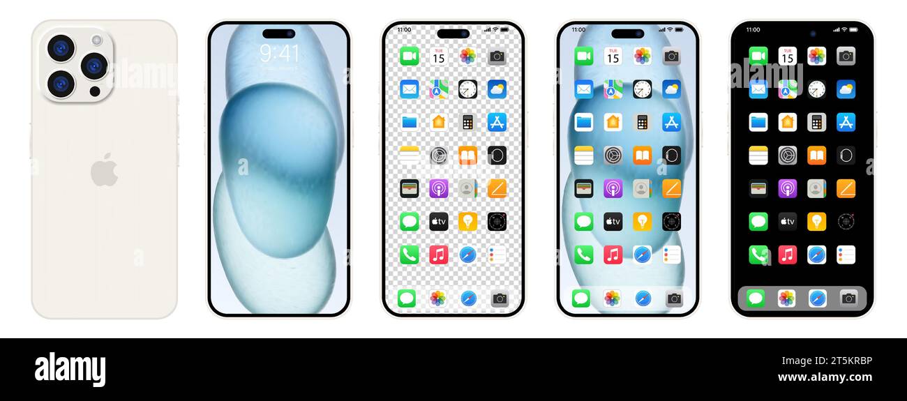 Nouvel iPhone 15 pro blanc. Apple inc. Smartphone avec ios 15. Écran verrouillé, page de navigation du téléphone, page d'accueil avec 47 applications populaires. Fond noir. Ed Illustration de Vecteur