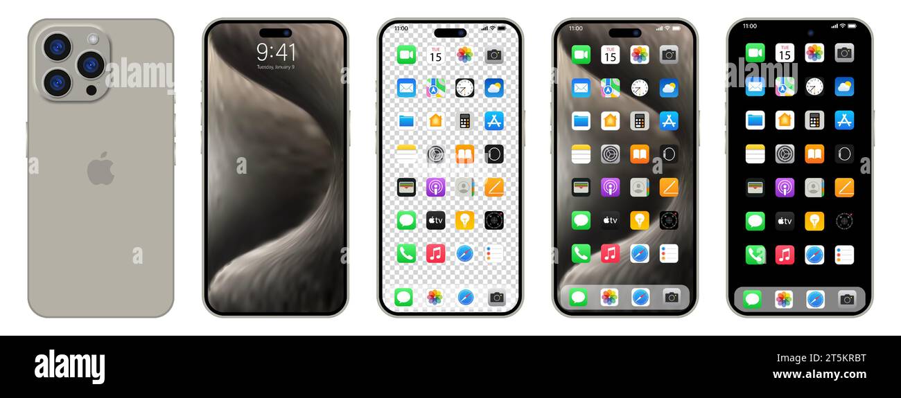 Nouveau iPhone 15 pro noir, gris. Apple inc. Smartphone avec ios 15. Écran verrouillé, page de navigation du téléphone, page d'accueil avec 47 applications populaires. Backgrou noir Illustration de Vecteur