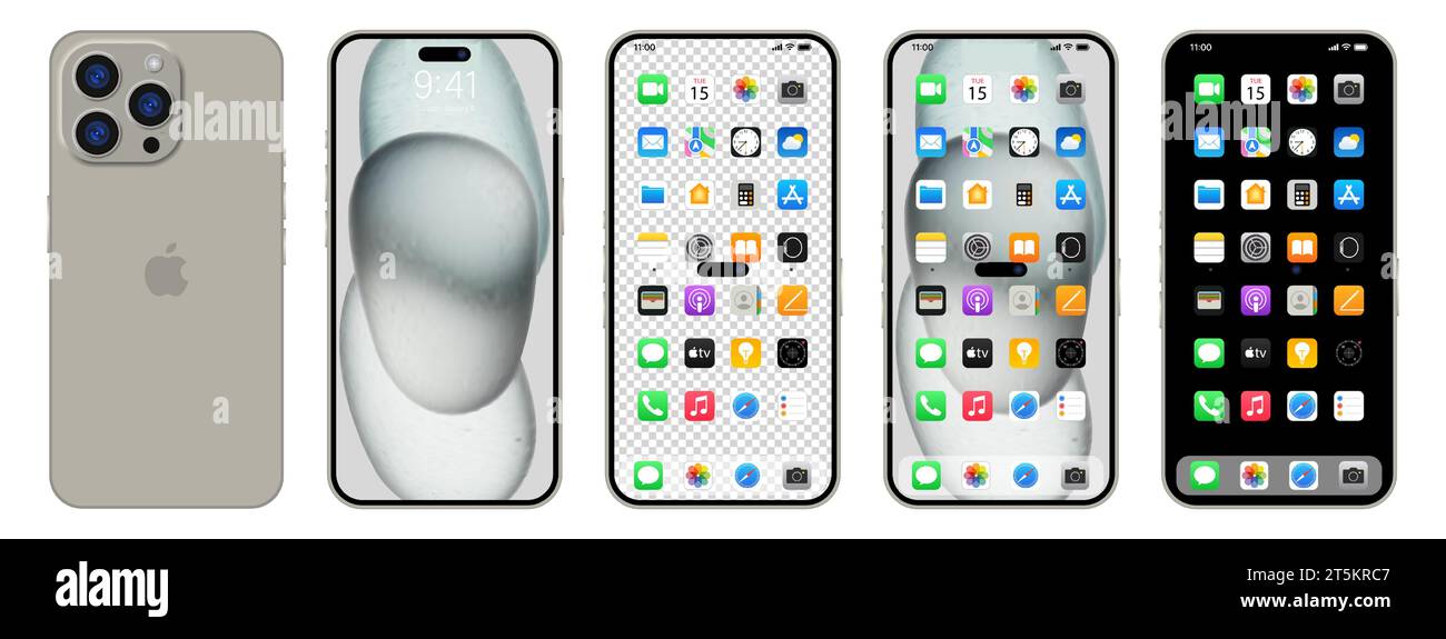Nouveau iPhone 15 pro noir, gris. Apple inc. Smartphone avec ios 15. Écran verrouillé, page de navigation du téléphone, page d'accueil avec 47 applications populaires. Backgrou noir Illustration de Vecteur