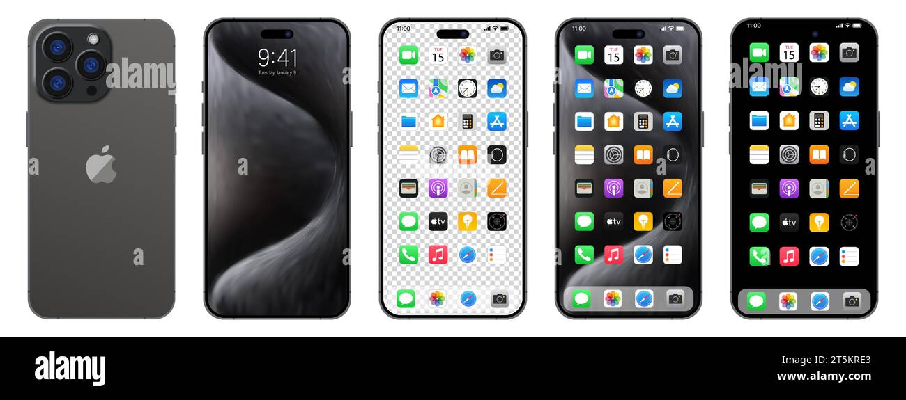 Nouveau iPhone 15 pro noir, gris. Apple inc. Smartphone avec ios 15. Écran verrouillé, page de navigation du téléphone, page d'accueil avec 47 applications populaires. Backgrou noir Illustration de Vecteur