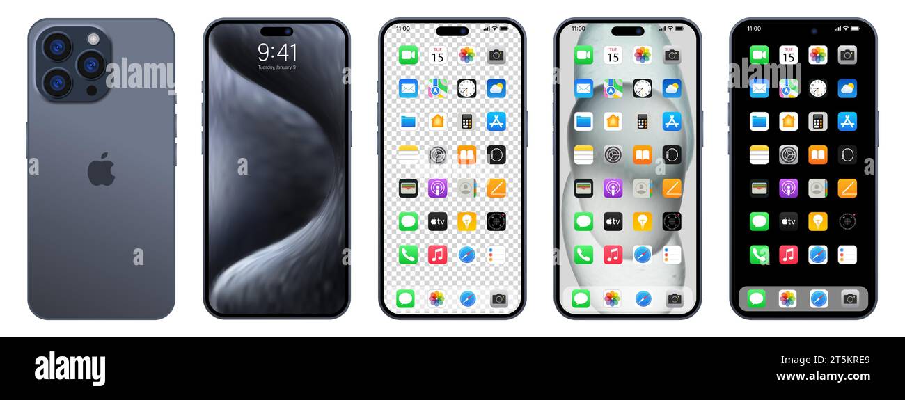 Nouveau iPhone 15 pro noir, gris. Apple inc. Smartphone avec ios 15. Écran verrouillé, page de navigation du téléphone, page d'accueil avec 47 applications populaires. Backgrou noir Illustration de Vecteur