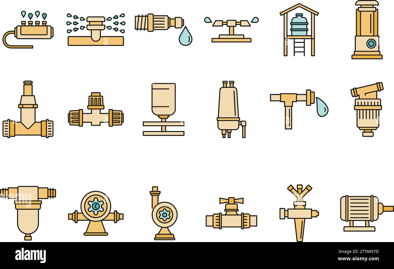 Jeu d'icônes du système d'irrigation agricole. Contour ensemble d'icônes vectorielles de système d'irrigation agricole couleur fine de ligne plate sur blanc Illustration de Vecteur