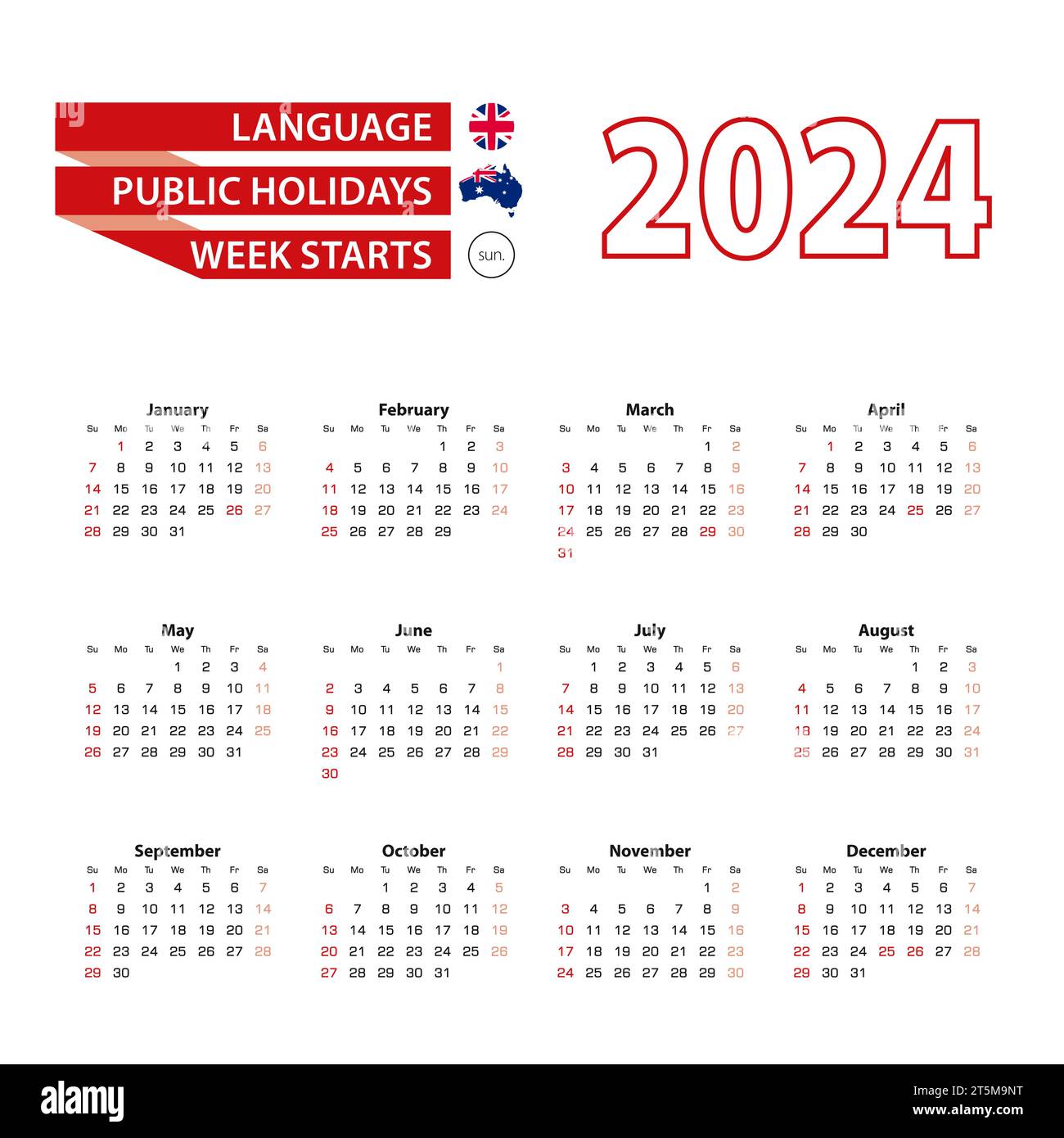 Calendrier 2025 en langue anglaise avec jours fériés le pays de l'Australie en année 2025. La 