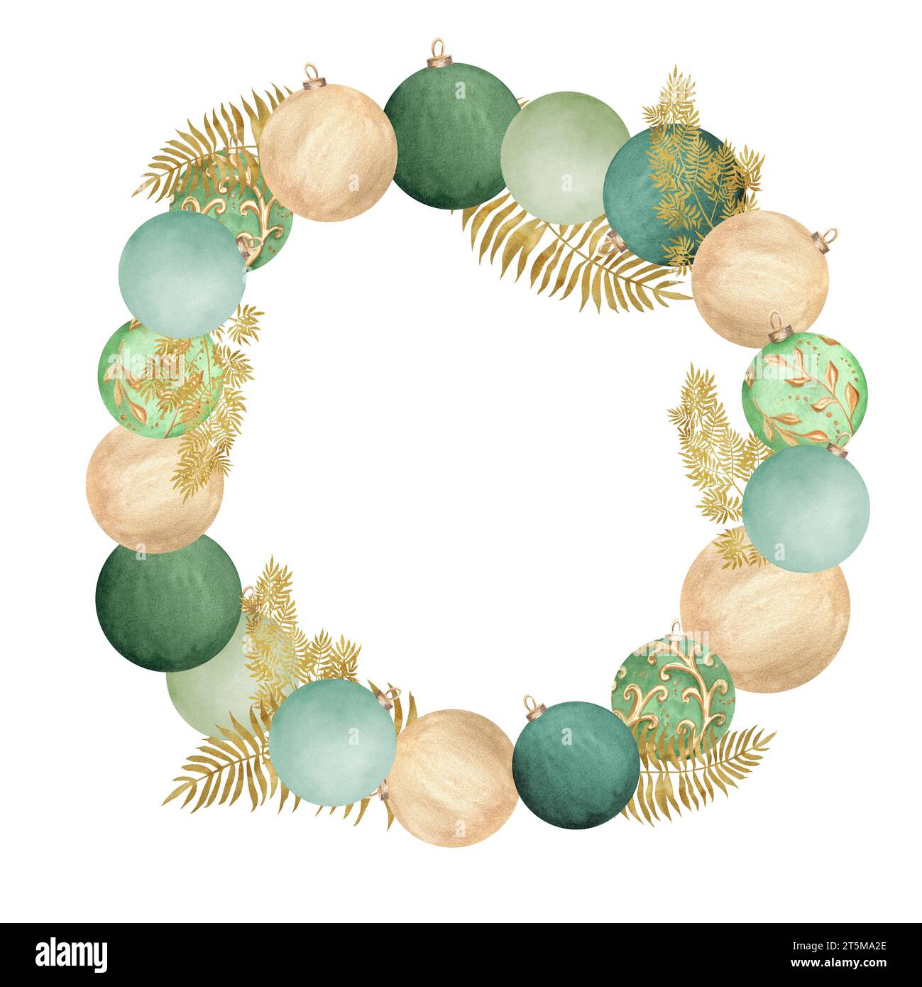Illustration à l'aquarelle dessinée à la main. Couronne circulaire festive avec boules en verre vert et doré et fougère dorée. Pour affiches, cartes de vœux, cov Banque D'Images