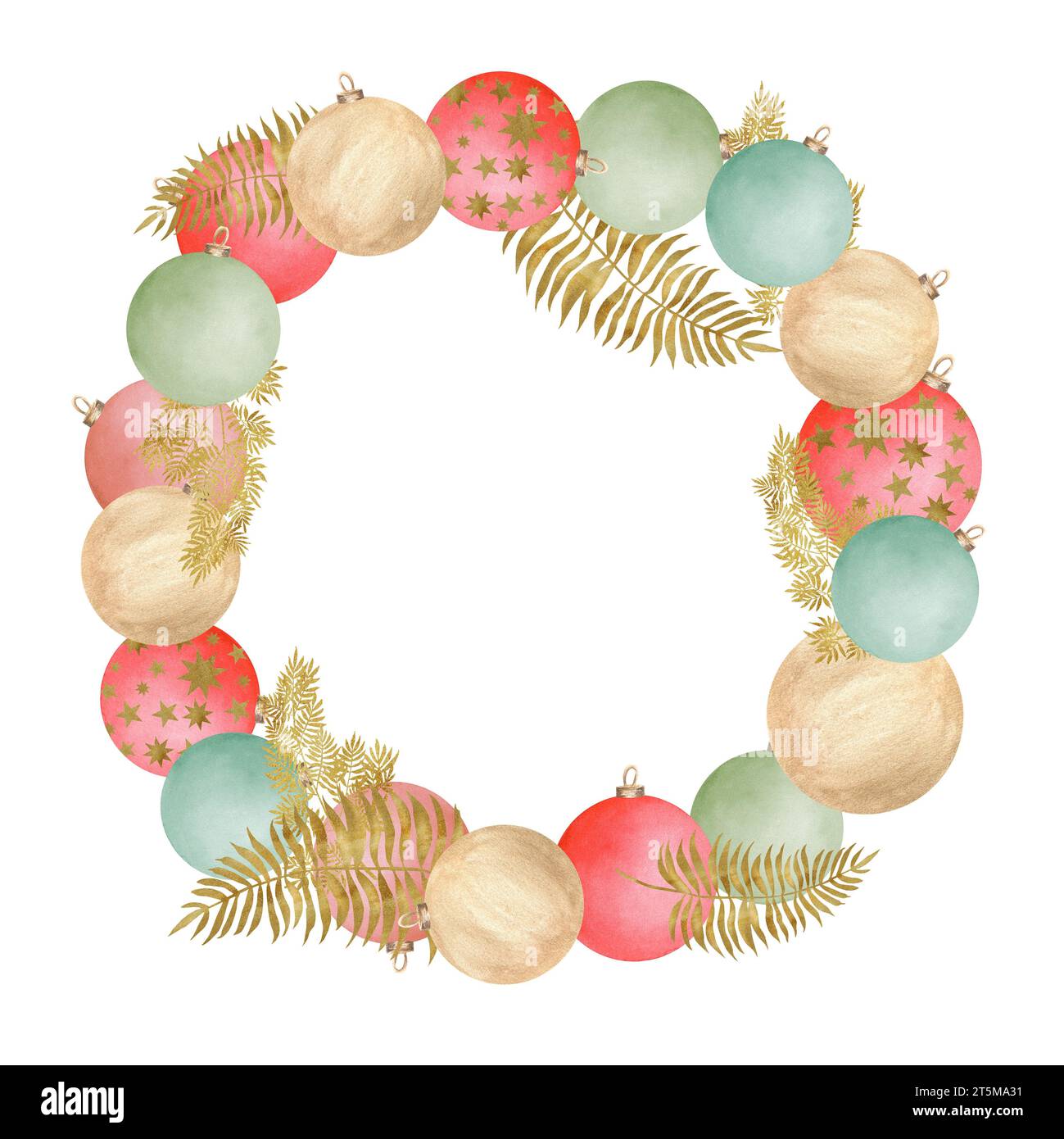 Illustration à l'aquarelle dessinée à la main. Couronne circulaire festive avec boules en verre rouge vert et doré et fougère dorée. Pour affiches, cartes de vœux Banque D'Images