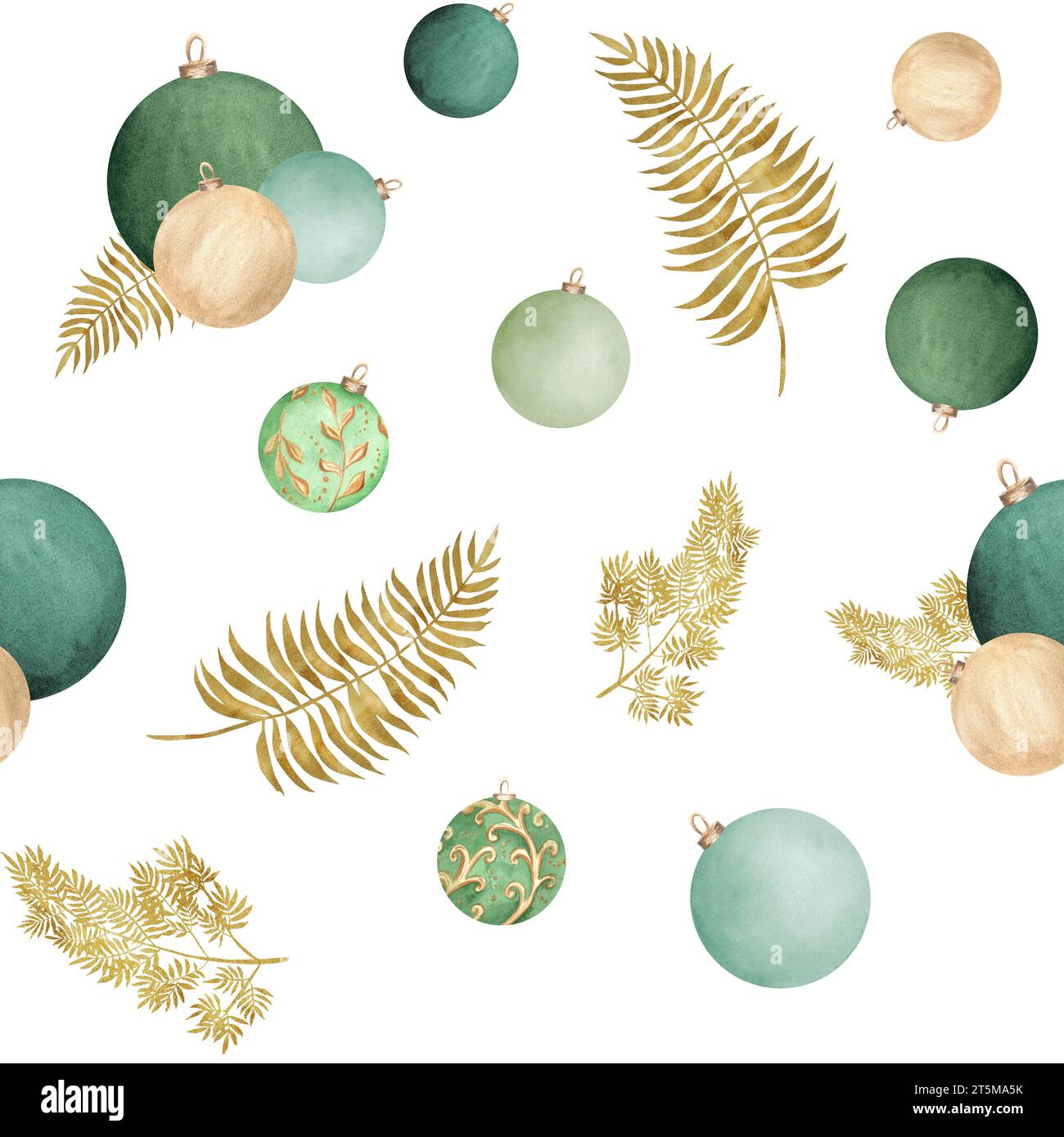 Illustration à l'aquarelle dessinée à la main. Modèle sans couture avec boules d'arbre de Noël et fougère. Couleurs vert et or. Pour paquet, cartes de voeux, couvertures, Banque D'Images