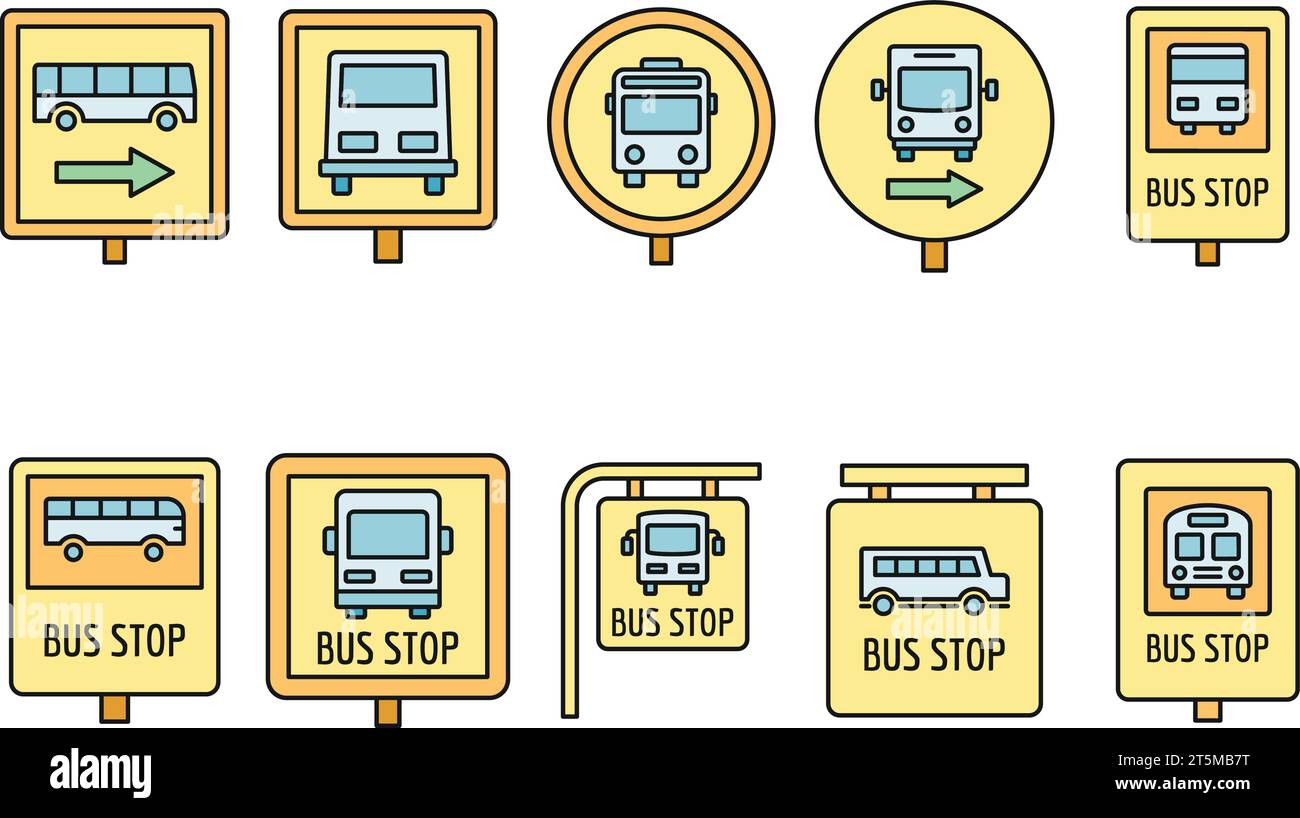 Icône de panneau d'arrêt d'autobus de ville définie. Contour ensemble d'icônes vectorielles de signe d'arrêt de bus de ville couleur mince de ligne plate sur blanc Illustration de Vecteur