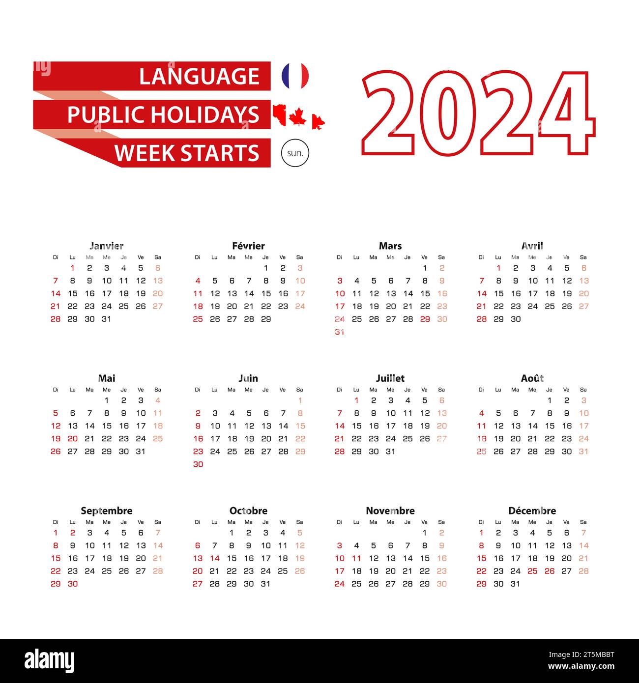 Calendrier 2024 en langue française avec jours fériés le pays du Canada en année 2024. La semaine commence à partir du dimanche. Illustration vectorielle. Illustration de Vecteur