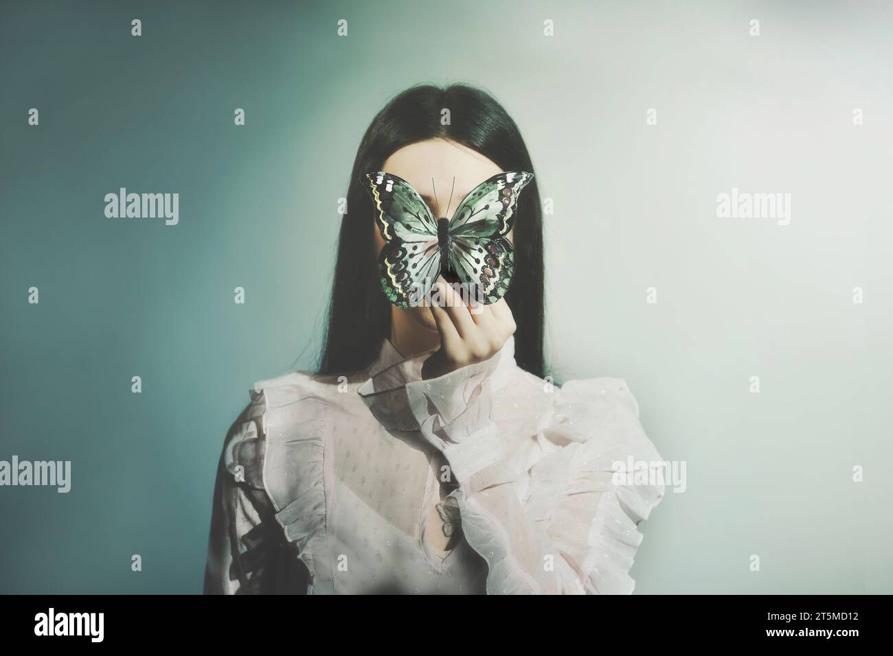 la femme tient un papillon devant son visage ; concept abstrait Banque D'Images