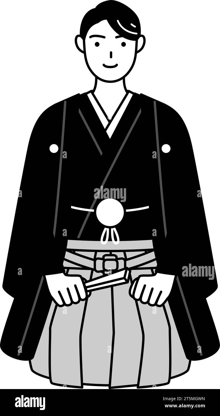 Le jour de l'an et les mariages, homme portant hakama avec des salutations d'écusson dans Seiza, Illustration vectorielle Illustration de Vecteur