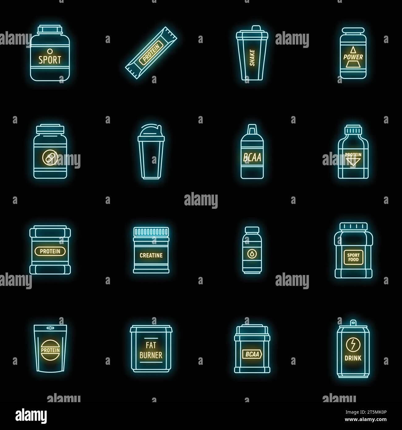 Jeu d'icônes de nutrition sportive protéinée. Contour ensemble d'icônes vectorielles de nutrition sportive protéinée couleur néon sur noir Illustration de Vecteur