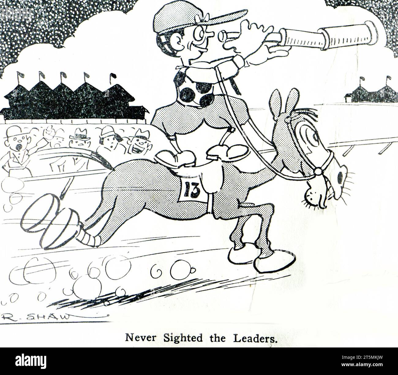 Un dessin animé de 1934 montrant le dernier cheval de la course, numéro 13, avec le jockey tenant un télescope. La légende indique que les dirigeants n’ont jamais vu » prouvant que quelque chose ne change jamais. Banque D'Images