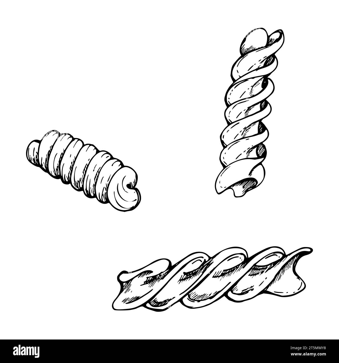 Illustration à l'encre vectorielle dessinée à la main. Types de pâtes cuisine italienne fusilli, rotini tire-bouchon plat. Ensemble d'éléments d'objet unique isolés sur blanc Illustration de Vecteur