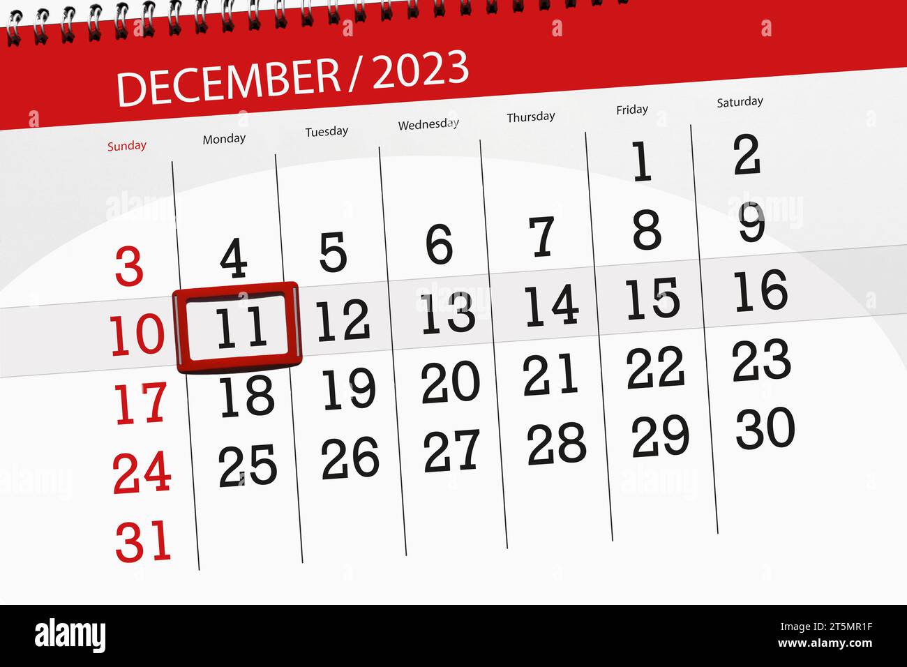Calendrier 2023, date limite, jour, mois, page, organisateur, date, décembre, lundi, numéro 11. Banque D'Images
