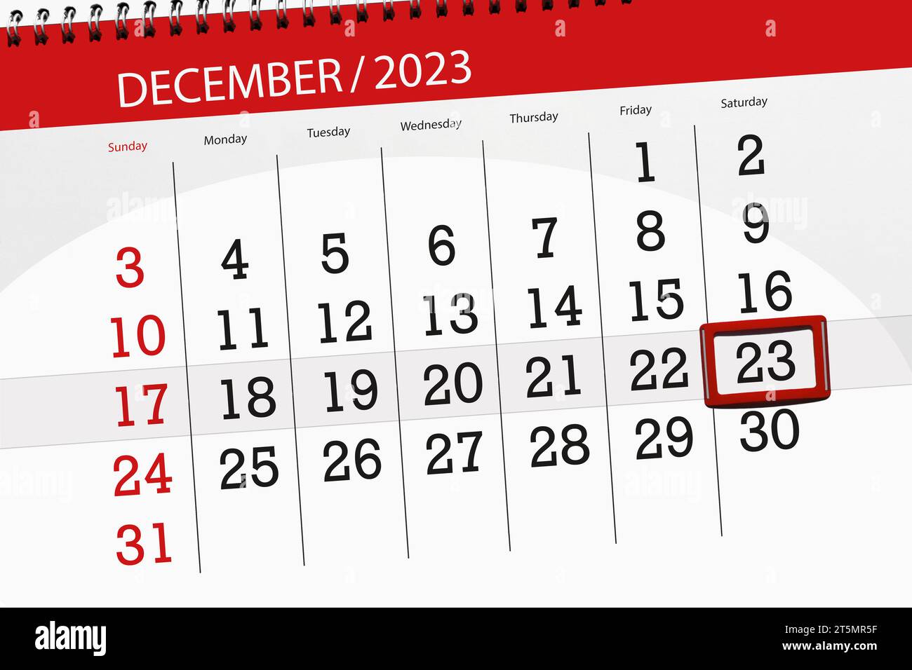 Calendrier 2023, date limite, jour, mois, page, organisateur, date, décembre, samedi, numéro 23. Banque D'Images