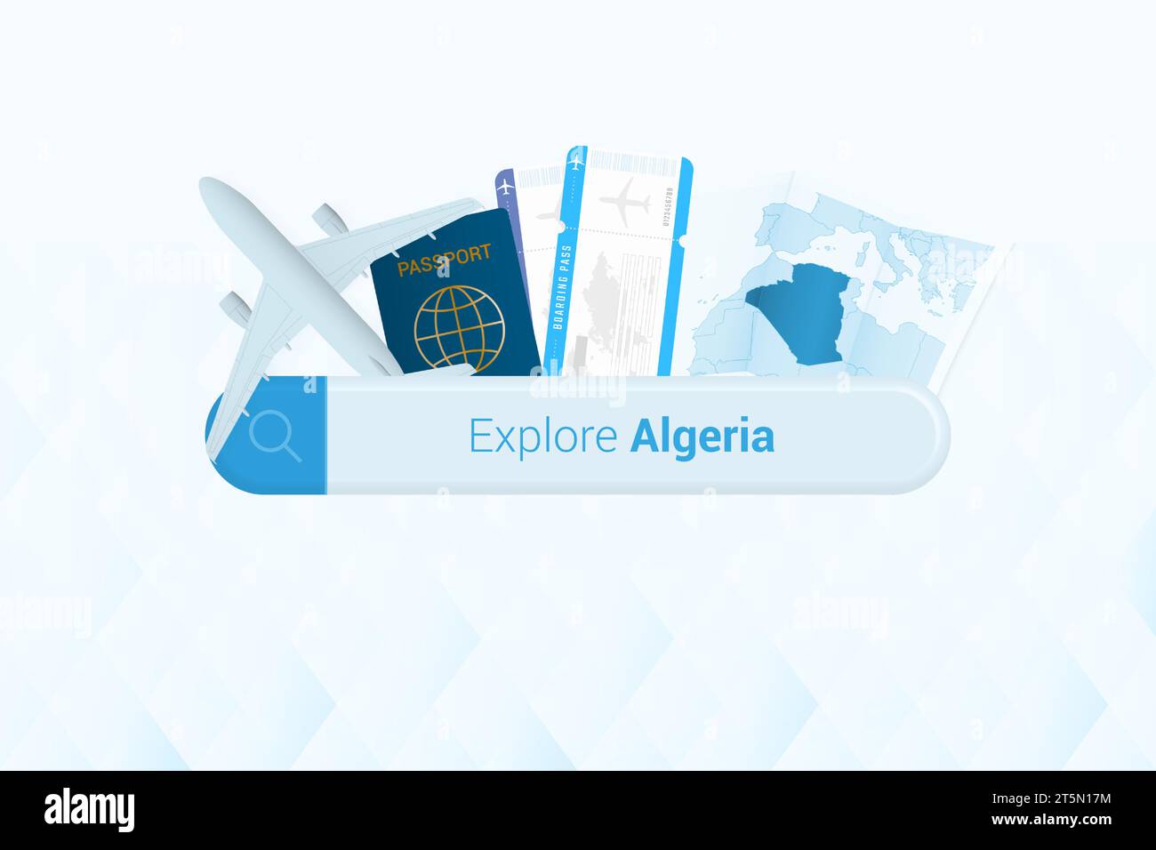 Vous cherchez des billets pour Algérie ou une destination de voyage dans Algérie. Barre de recherche avec avion, passeport, carte d'embarquement, billets et carte. Illustration vectorielle Illustration de Vecteur