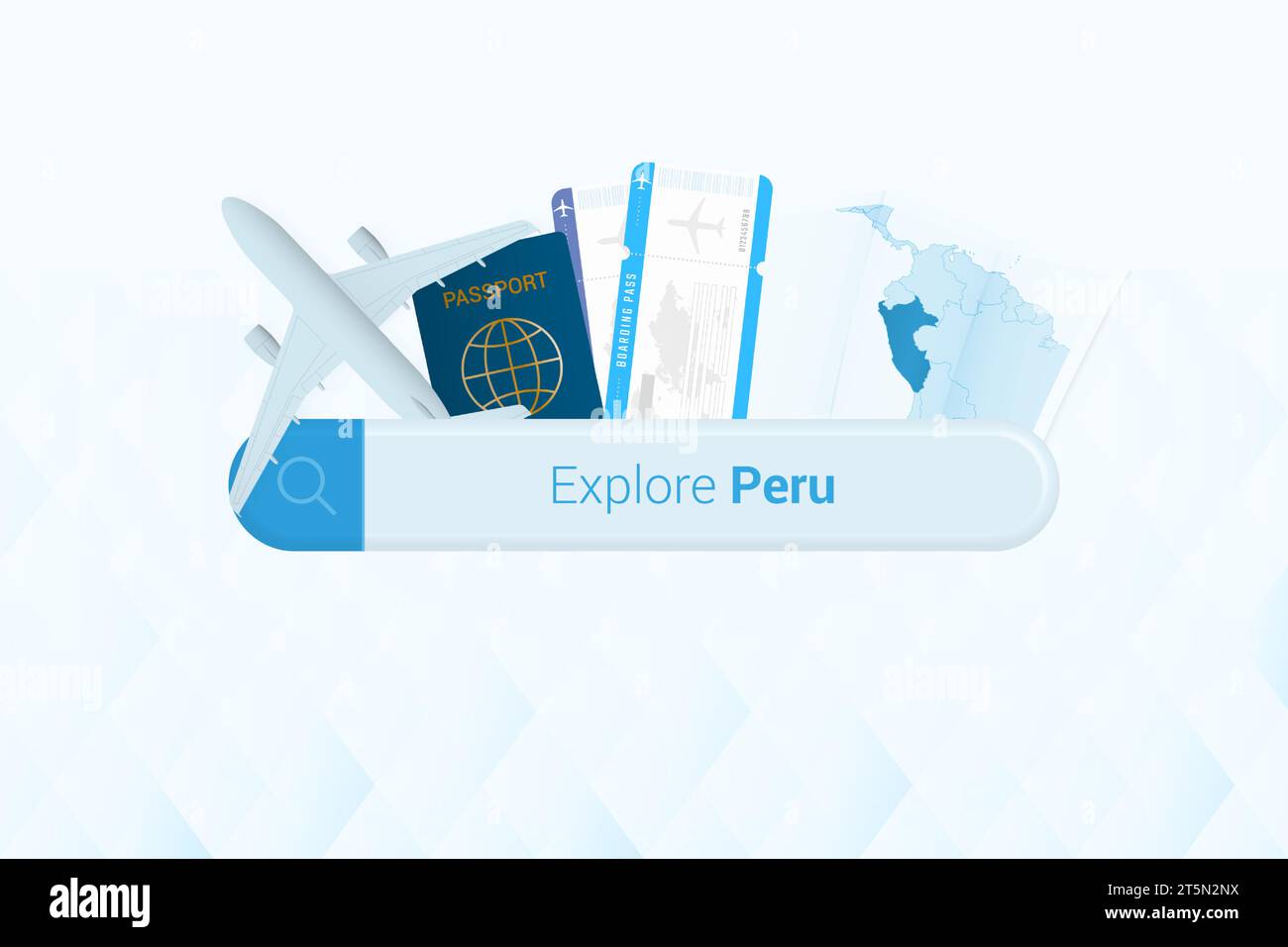 Vous cherchez des billets pour Pérou ou une destination de voyage dans Pérou. Barre de recherche avec avion, passeport, carte d'embarquement, billets et carte. Illustration vectorielle. Illustration de Vecteur
