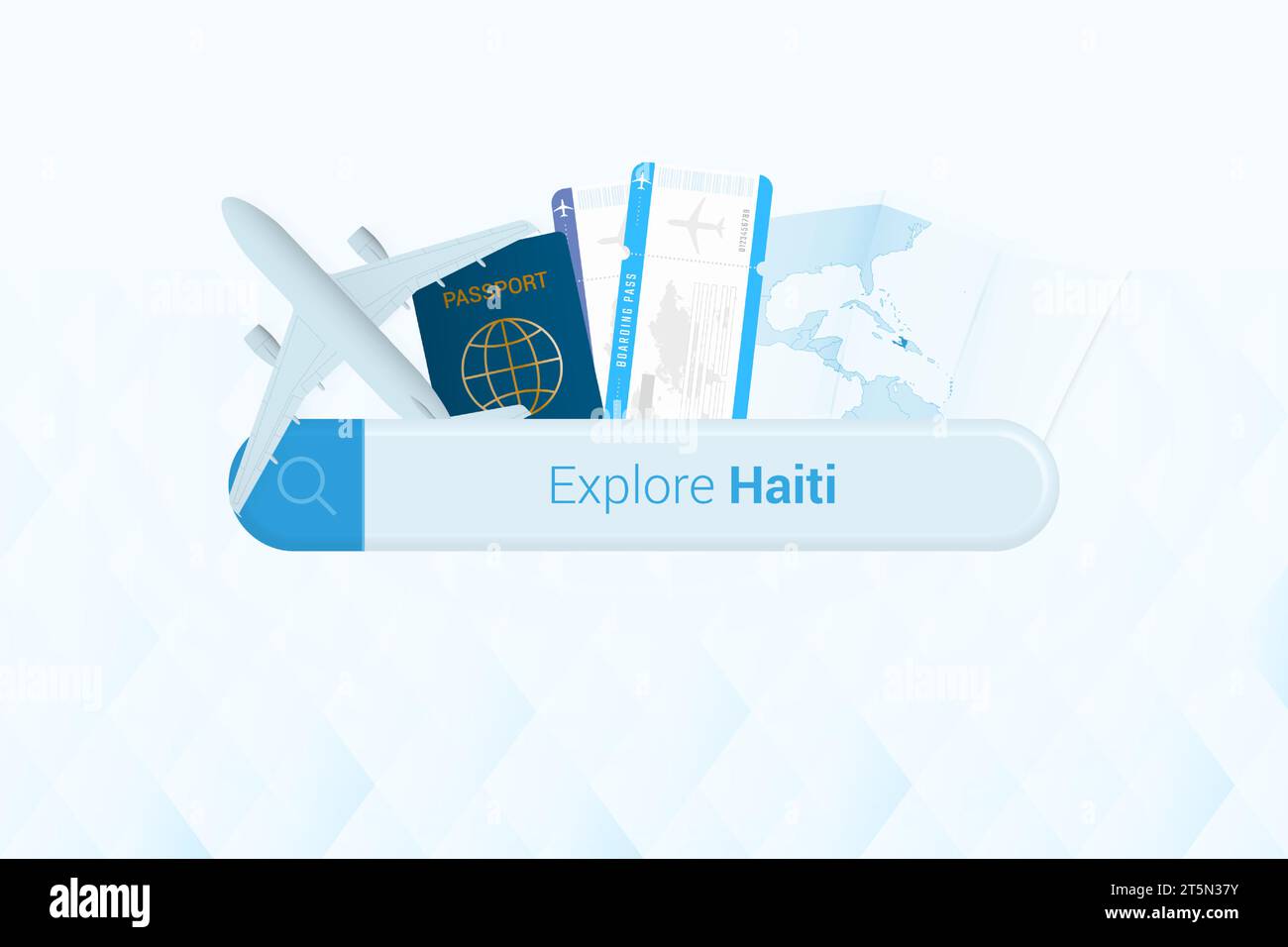 Vous cherchez des billets pour Haïti ou une destination de voyage dans Haïti. Barre de recherche avec avion, passeport, carte d'embarquement, billets et carte. Illustration vectorielle. Illustration de Vecteur