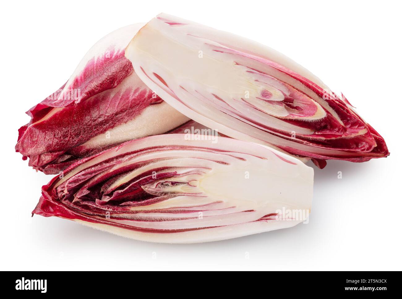 Endives rouges et coupe transversale d'endives sur fond blanc. Le fichier contient un chemin de détourage. Banque D'Images