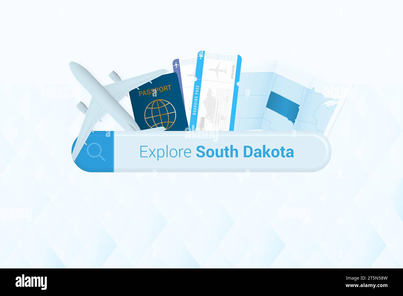 Vous cherchez des billets pour Dakota du Sud ou une destination de voyage dans Dakota du Sud. Barre de recherche avec avion, passeport, carte d'embarquement, billets et carte. Vecteur Illustration de Vecteur